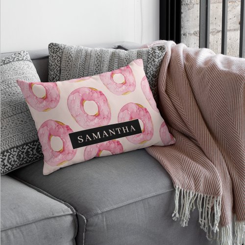 Modern Pink Watercolor Donuts Pattern With Name Accent Pillow