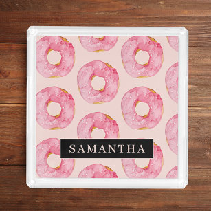 Modern Pink Watercolor Donuts Pattern With Name Acrylic Tray