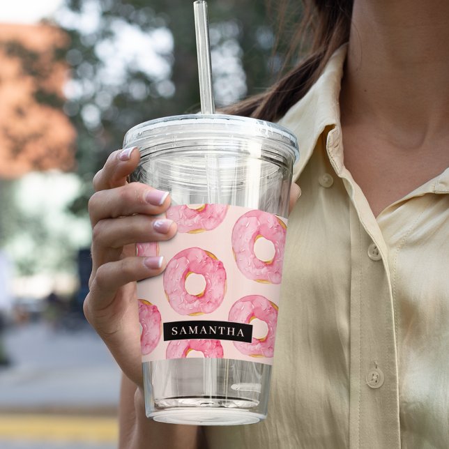 Modern Pink Watercolor Donuts Pattern With Name Acrylic Tumbler (Creator Uploaded)