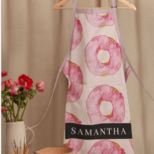 Modern Pink Watercolor Donuts Pattern With Name Apron