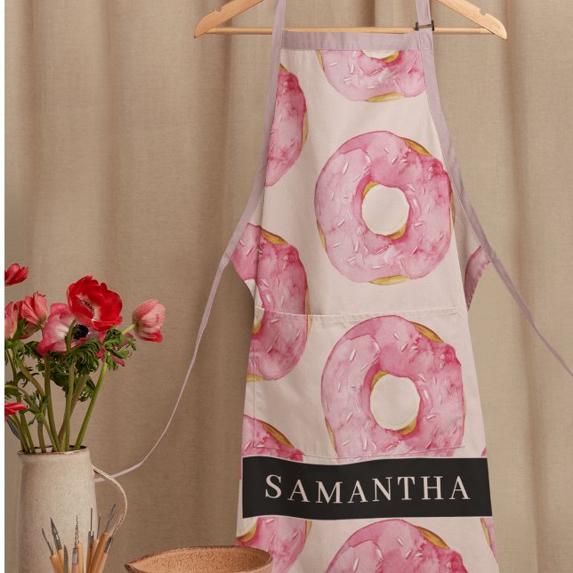 Modern Pink Watercolor Donuts Pattern With Name Apron (Creator Uploaded)