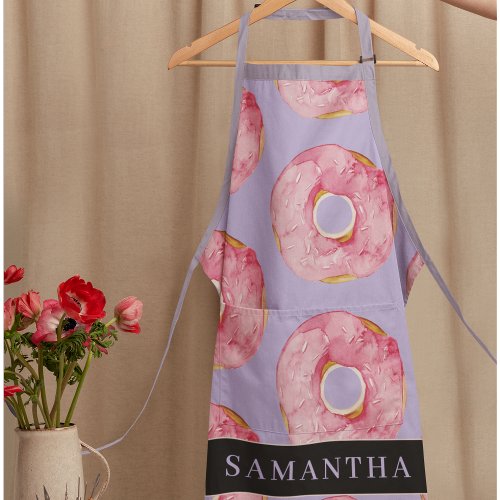 Modern Pink Watercolor Donuts Pattern With Name Apron