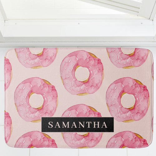 Modern Pink Watercolor Donuts Pattern With Name Bath Mat