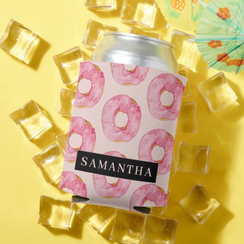 Modern Pink Watercolor Donuts Pattern With Name Can Cooler