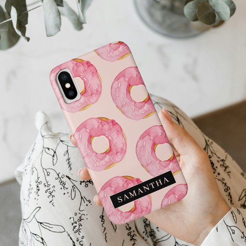 Modern Pink Watercolor Donuts Pattern With Name iPhone XS Case