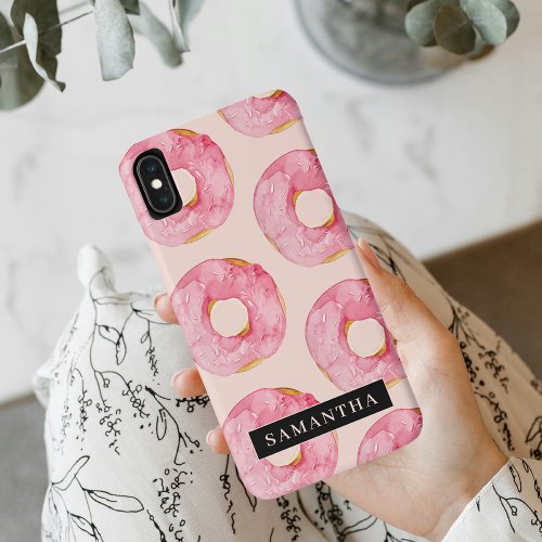 Modern Pink Watercolor Donuts Pattern With Name iPhone XS Max Case
