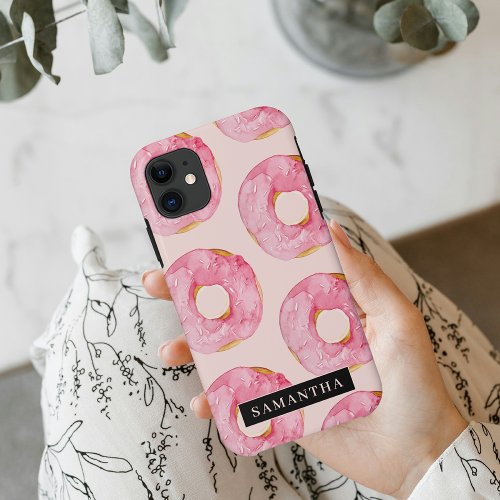 Modern Pink Watercolor Donuts Pattern With Name iPhone 11 Case