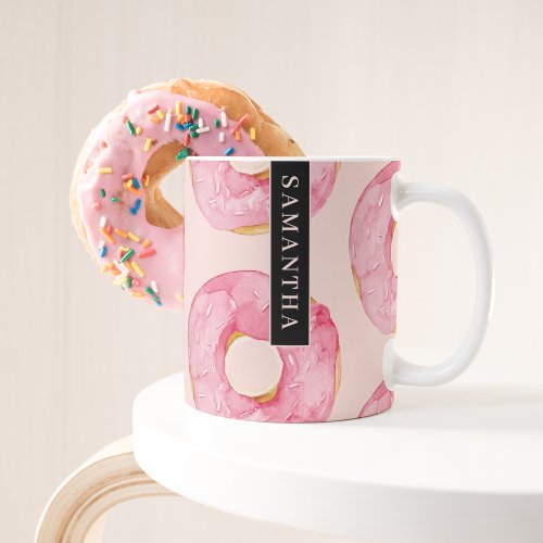 Modern Pink Watercolor Donuts Pattern With Name Coffee Mug