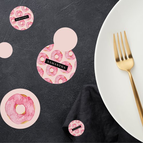 Modern Pink Watercolor Donuts Pattern With Name Confetti