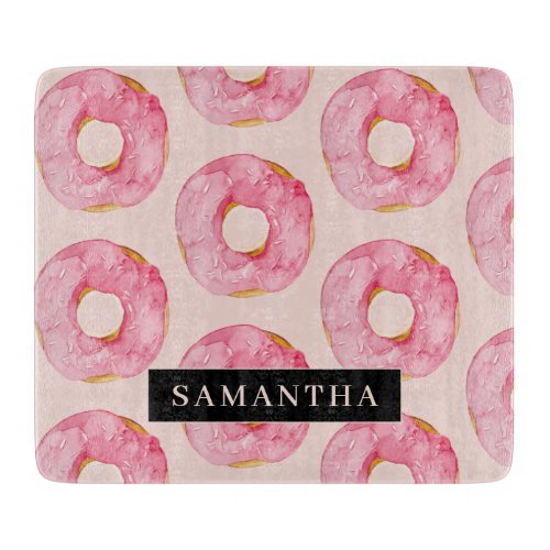 Modern Pink Watercolor Donuts Pattern With Name Cutting Board