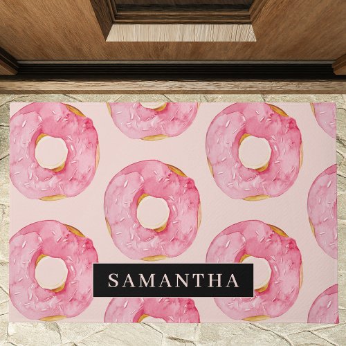 Modern Pink Watercolor Donuts Pattern With Name Doormat