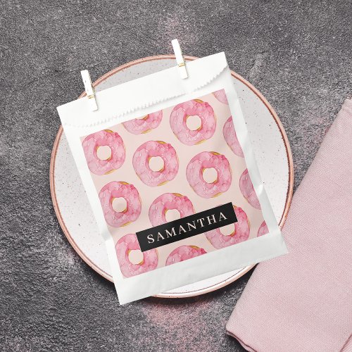 Modern Pink Watercolor Donuts Pattern With Name Favor Bag