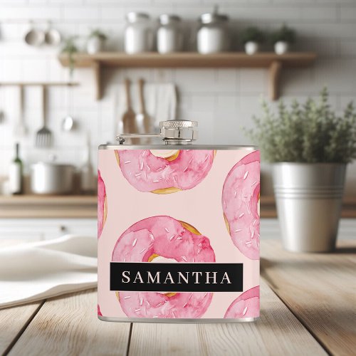 Modern Pink Watercolor Donuts Pattern With Name Flask
