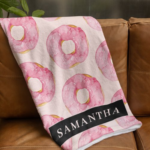 Modern Pink Watercolor Donuts Pattern With Name Fleece Blanket