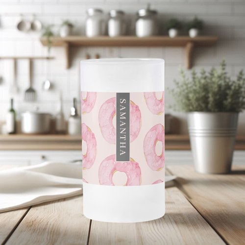 Modern Pink Watercolor Donuts Pattern With Name Frosted Glass Beer Mug