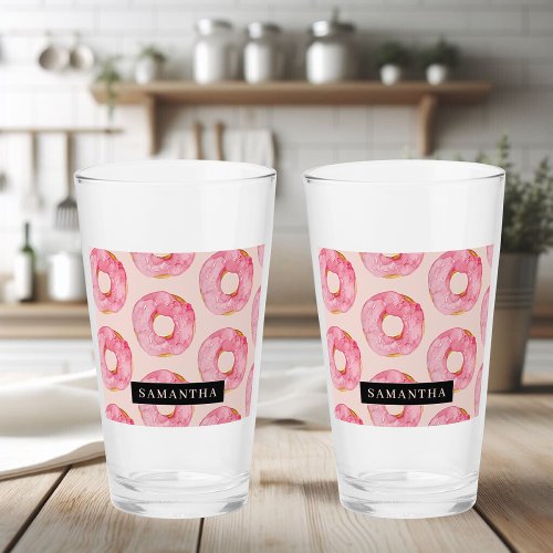 Modern Pink Watercolor Donuts Pattern With Name Glass