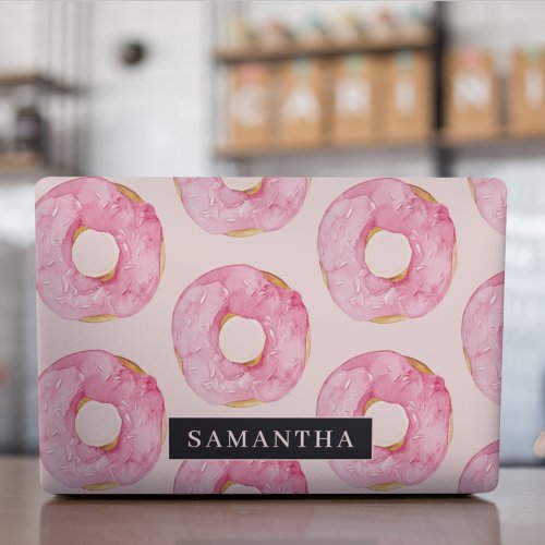 Modern Pink Watercolor Donuts Pattern With Name HP Laptop Skin