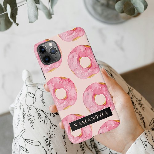 Modern Pink Watercolor Donuts Pattern With Name iPhone 11Pro Max Case