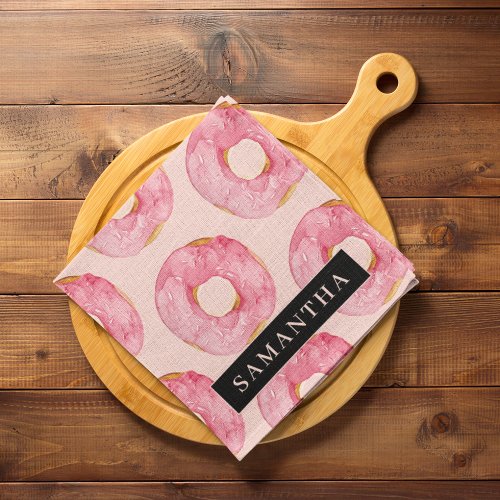 Modern Pink Watercolor Donuts Pattern With Name Kitchen Towel
