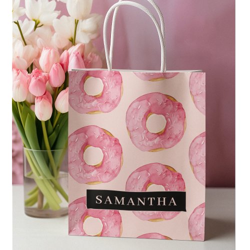 Modern Pink Watercolor Donuts Pattern With Name Large Gift Bag