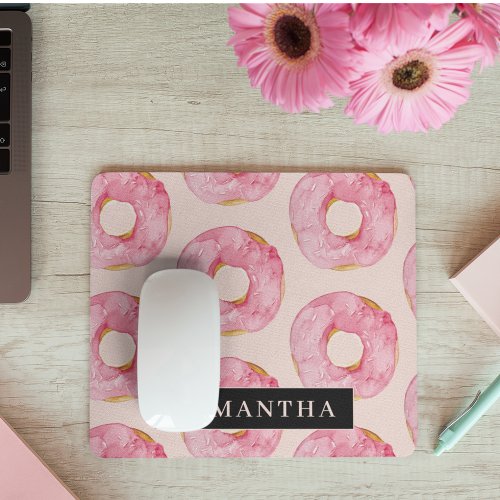 Modern Pink Watercolor Donuts Pattern With Name Mouse Pad