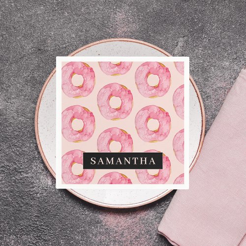 Modern Pink Watercolor Donuts Pattern With Name Napkins