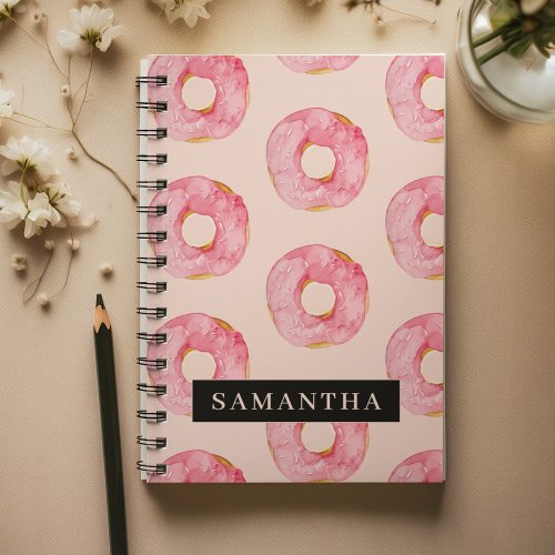 Modern Pink Watercolor Donuts Pattern With Name Notebook