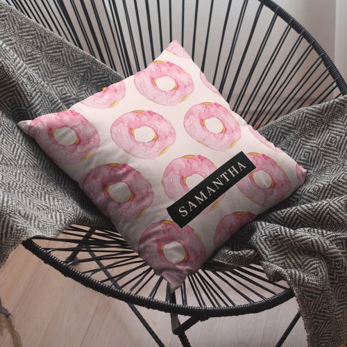 Modern Pink Watercolor Donuts Pattern With Name Outdoor Pillow