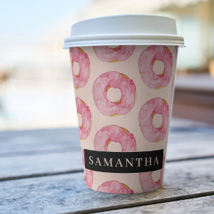 Modern Pink Watercolor Donuts Pattern With Name Paper Cups