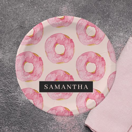 Modern Pink Watercolor Donuts Pattern With Name Paper Plates