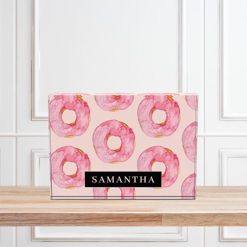 Modern Pink Watercolor Donuts Pattern With Name Photo Block