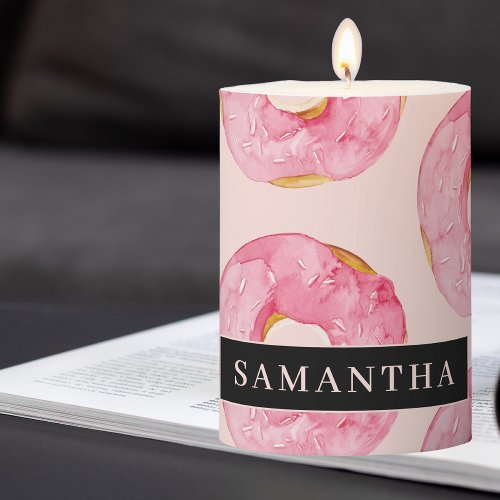 Modern Pink Watercolor Donuts Pattern With Name Pillar Candle
