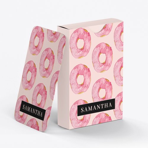 Modern Pink Watercolor Donuts Pattern With Name Poker Cards