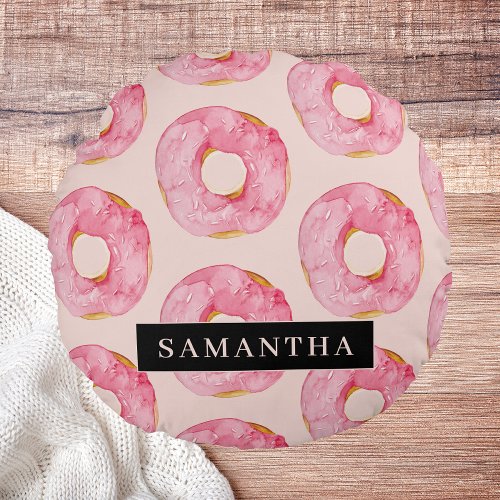 Modern Pink Watercolor Donuts Pattern With Name Round Pillow