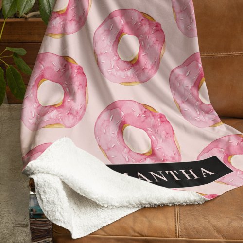 Modern Pink Watercolor Donuts Pattern With Name Sherpa Blanket