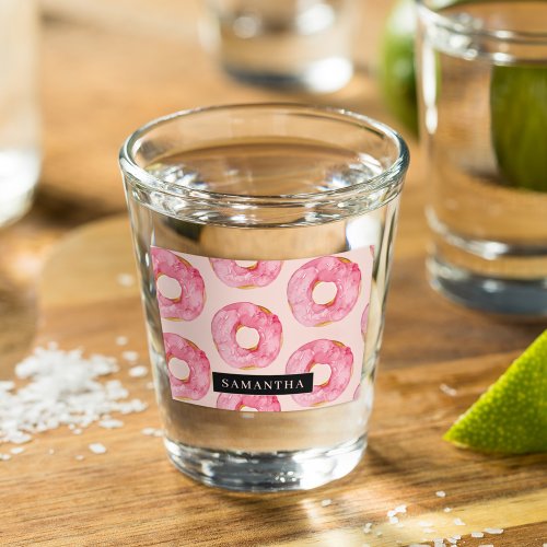 Modern Pink Watercolor Donuts Pattern With Name Shot Glass