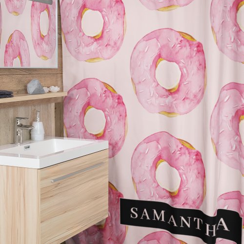 Modern Pink Watercolor Donuts Pattern With Name Shower Curtain