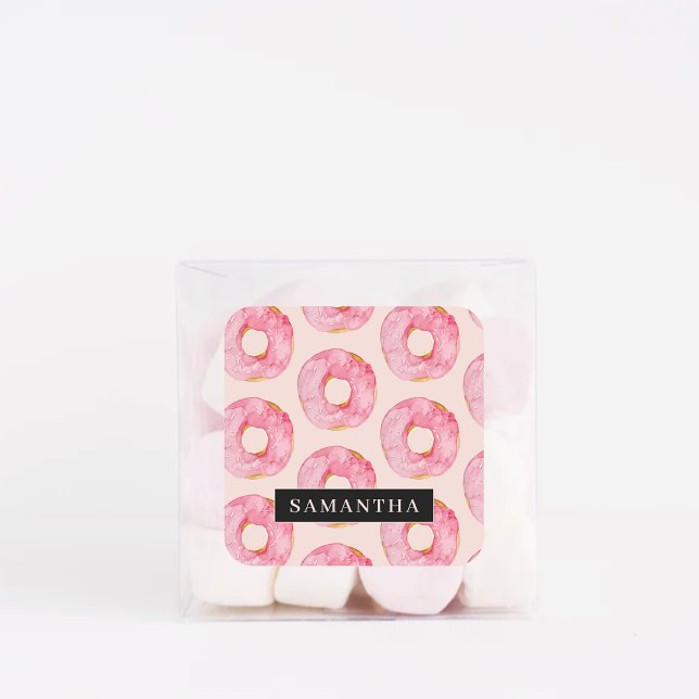 Modern Pink Watercolor Donuts Pattern With Name Square Sticker (Creator Uploaded)