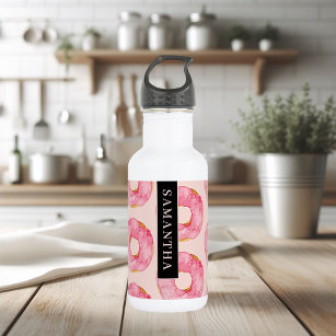 Modern Pink Watercolor Donuts Pattern With Name Stainless Steel Water Bottle