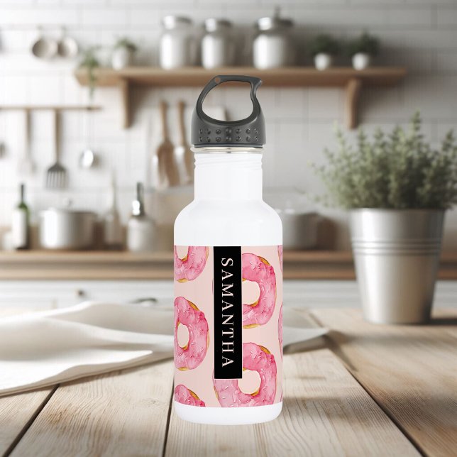 Modern Pink Watercolor Donuts Pattern With Name Stainless Steel Water Bottle (Creator Uploaded)