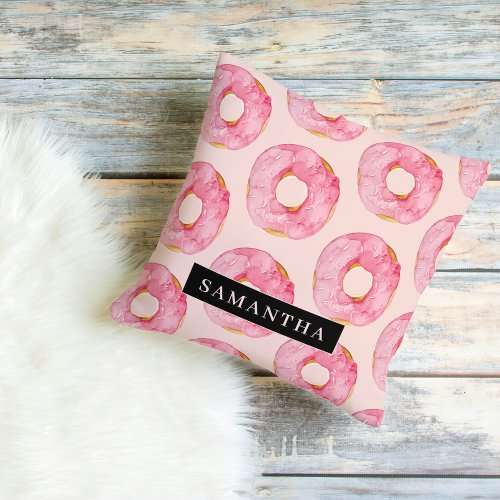 Modern Pink Watercolor Donuts Pattern With Name Throw Pillow