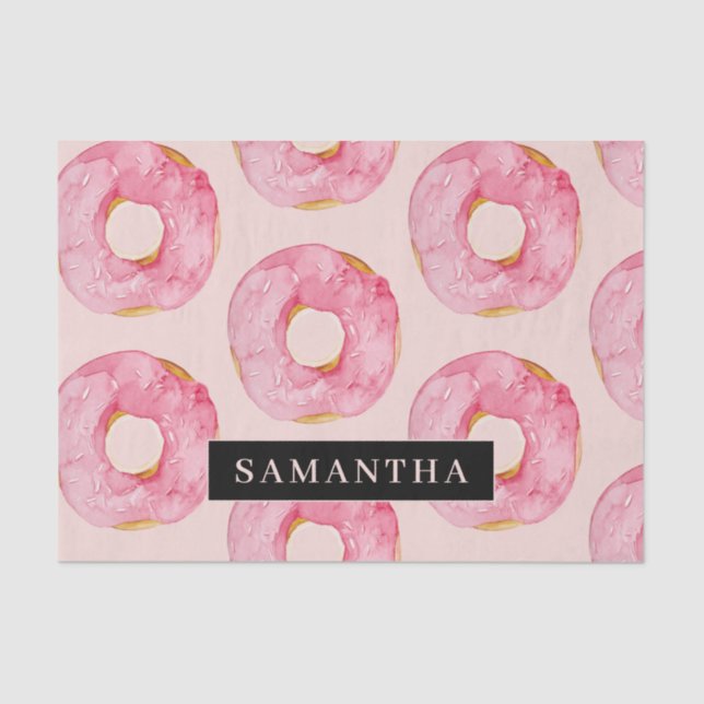 Modern Pink Watercolor Donuts Pattern With Name Tissue Paper (Front)
