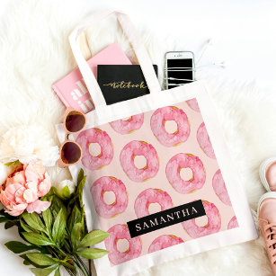 Modern Pink Watercolor Donuts Pattern With Name Tote Bag