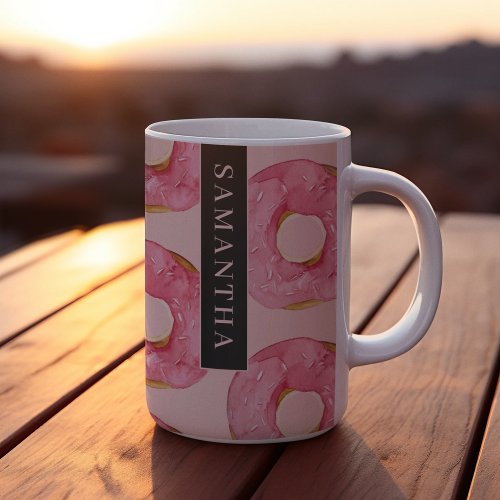 Modern Pink Watercolor Donuts Pattern With Name Two_Tone Coffee Mug
