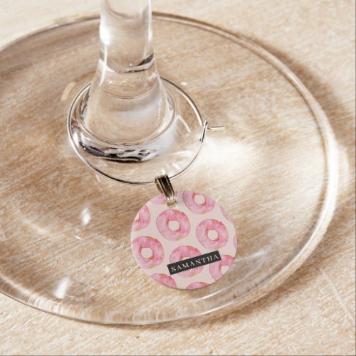 Modern Pink Watercolor Donuts Pattern With Name Wine Charm