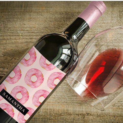 Modern Pink Watercolor Donuts Pattern With Name Wine Label