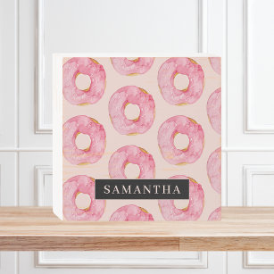 Modern Pink Watercolor Donuts Pattern With Name Wooden Box Sign