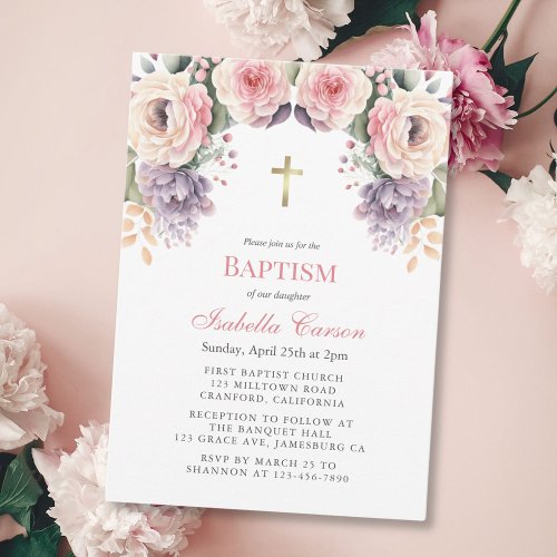 Modern Pink Watercolor Floral Baptism Invitation