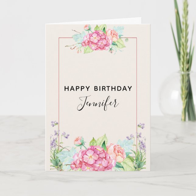 Modern Pink Watercolor Floral Bouquet  Birthday Card (Front)