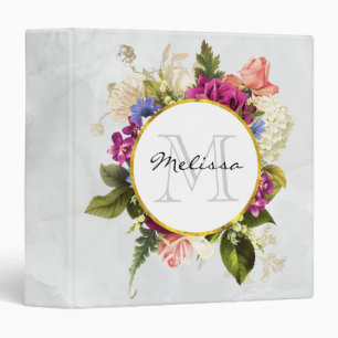 Modern Pink Watercolor Floral Bouquet Monogram 3 Ring Binder